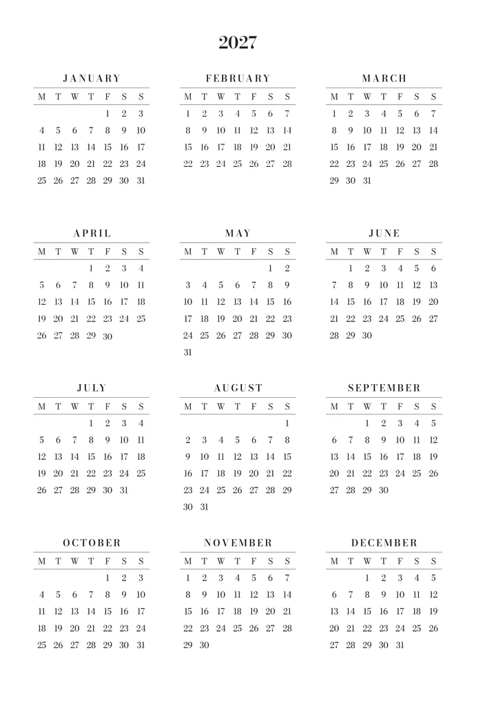 The journal’s 2027 calendar: all twelve months on one page.