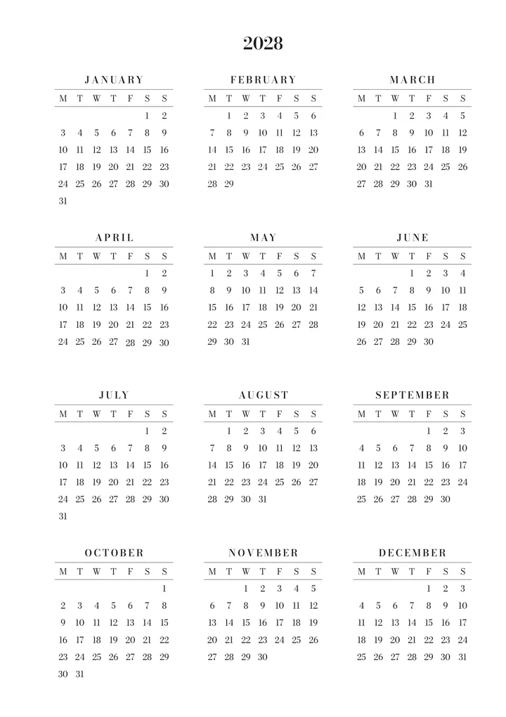 The 2028 calendar: the twelve months of the following year.
