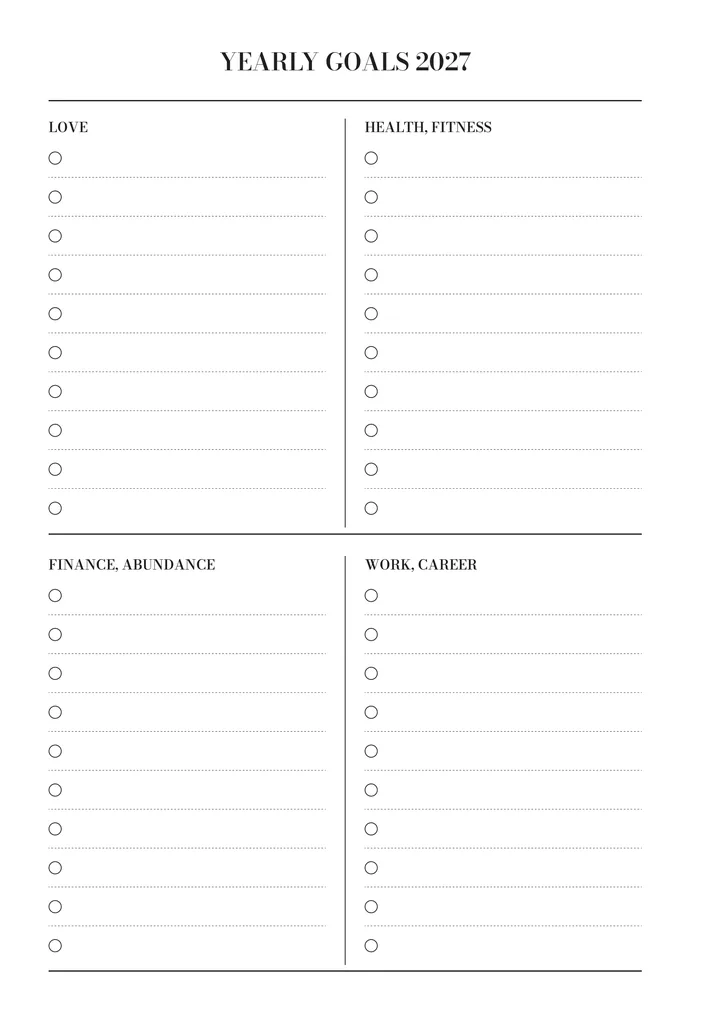 ‘Yearly Goals 2027’, first page: Love, Health & Fitness, Finance & Abundance and Work & Career, with lines for writing.