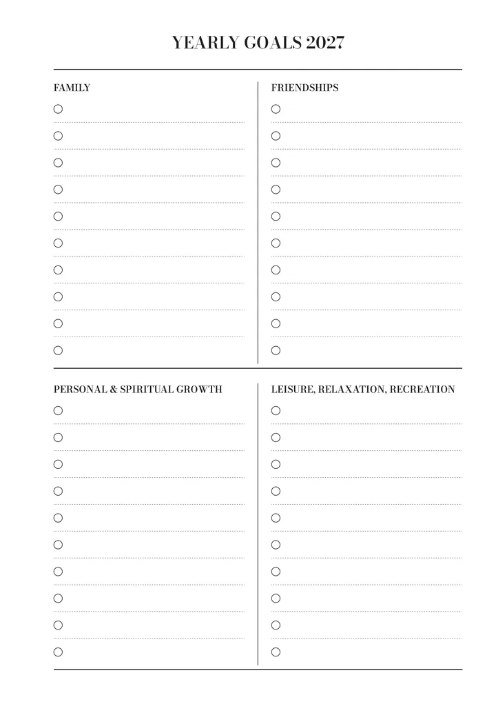 ‘Yearly Goals 2027’, second page: Family, Friendships, Personal & Spiritual Growth and Leisure, Relaxation & Recreation.