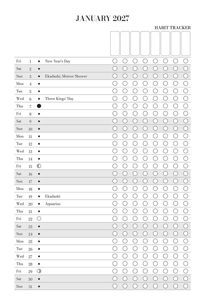 ‘January 2027’ with the month’s habit tracker: each day with its moon phase and references such as New Year’s Day or Three Kings’ Day.