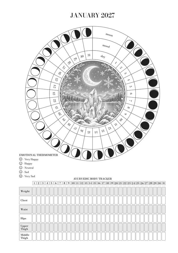 January’s rhythm page: the wheel of days with the phases of the moon around the month’s illustration, the emotional thermometer and the body tracker.