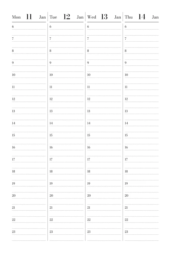 The week from Monday 11 to Thursday 14 January: one column per day, with hours from 6:00 to 23:00.