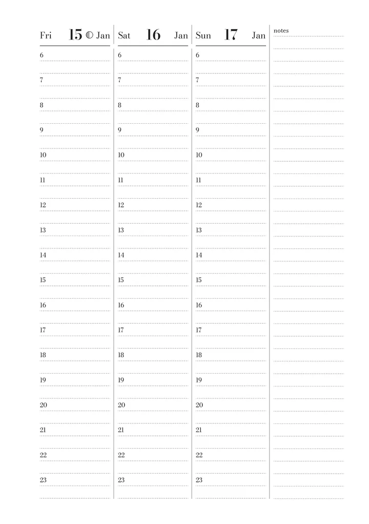 Friday 15 (first quarter moon), Saturday 16 and Sunday 17 January, with hours from 6:00 to 23:00 and a notes column.
