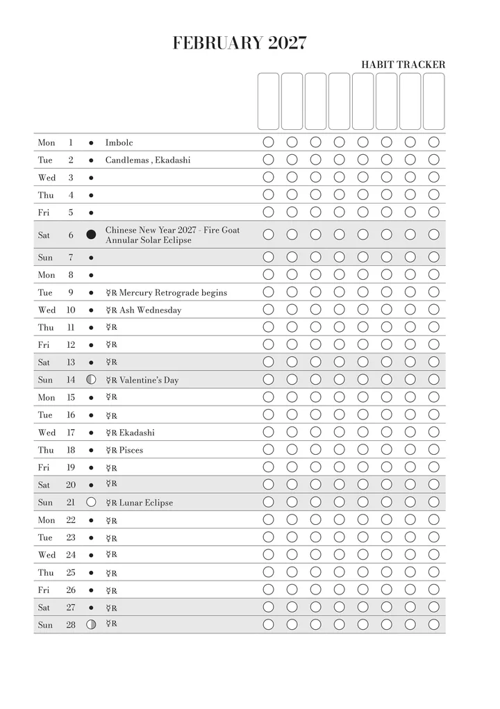 The habit tracker for February in the journal: every day of the month with its moon phase, key dates and boxes for your habits.