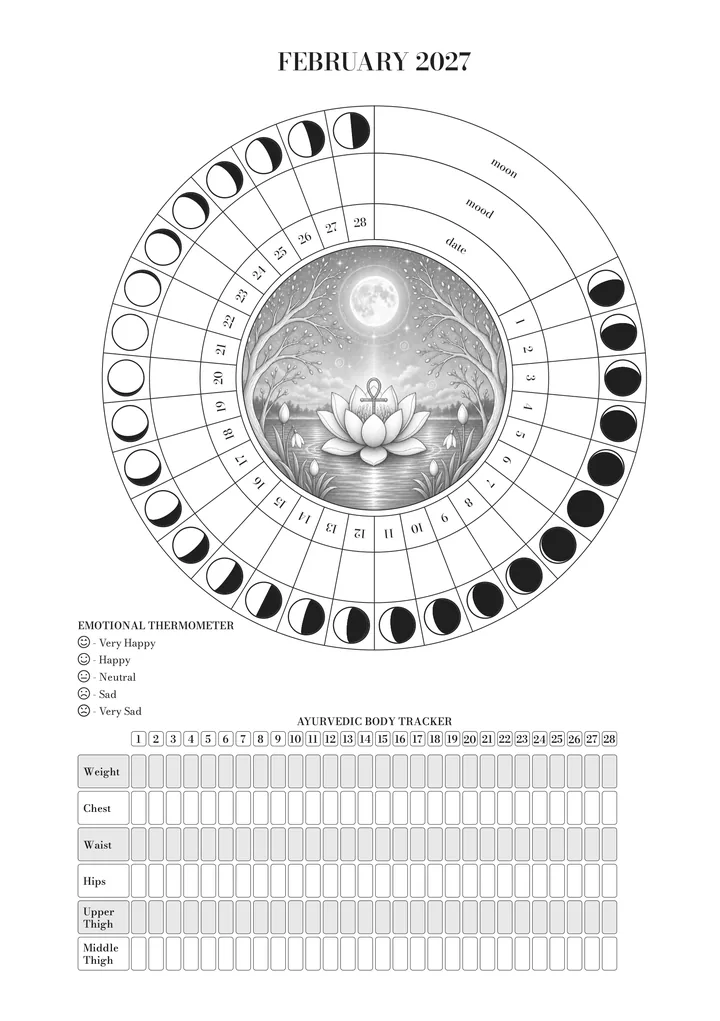 The page for February in the journal: the wheel of the month (moon, mood and day) around the illustration, the emotional thermometer and the Ayurvedic body tracker. February illustration: a lotus flower on the water beneath the full moon.