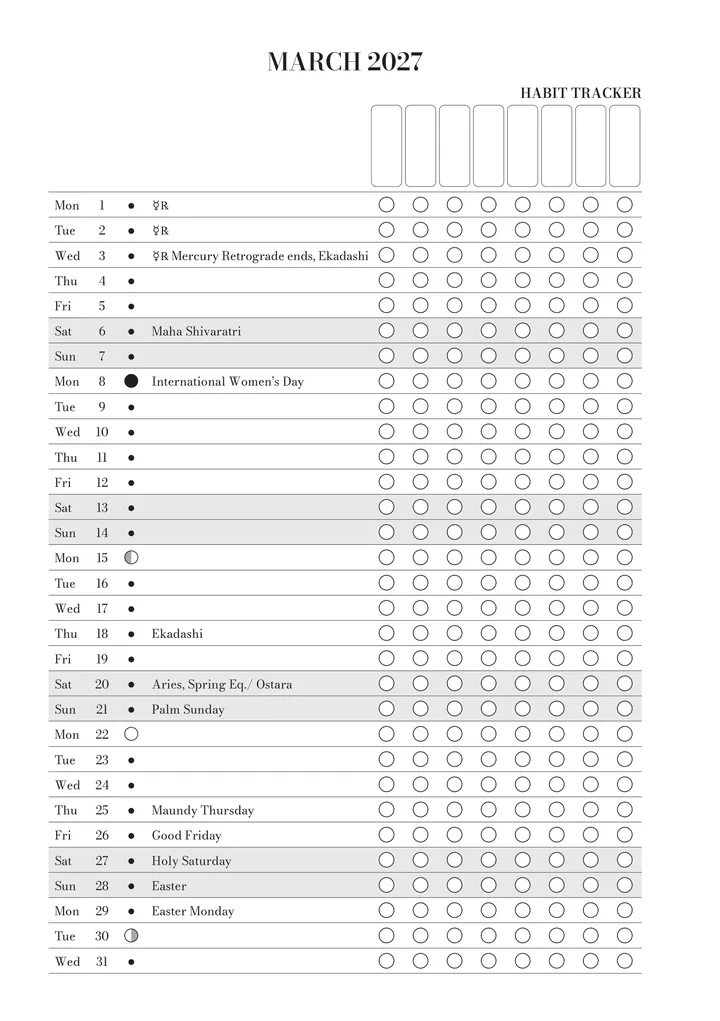 The habit tracker for March in the journal: every day of the month with its moon phase, key dates and boxes for your habits.