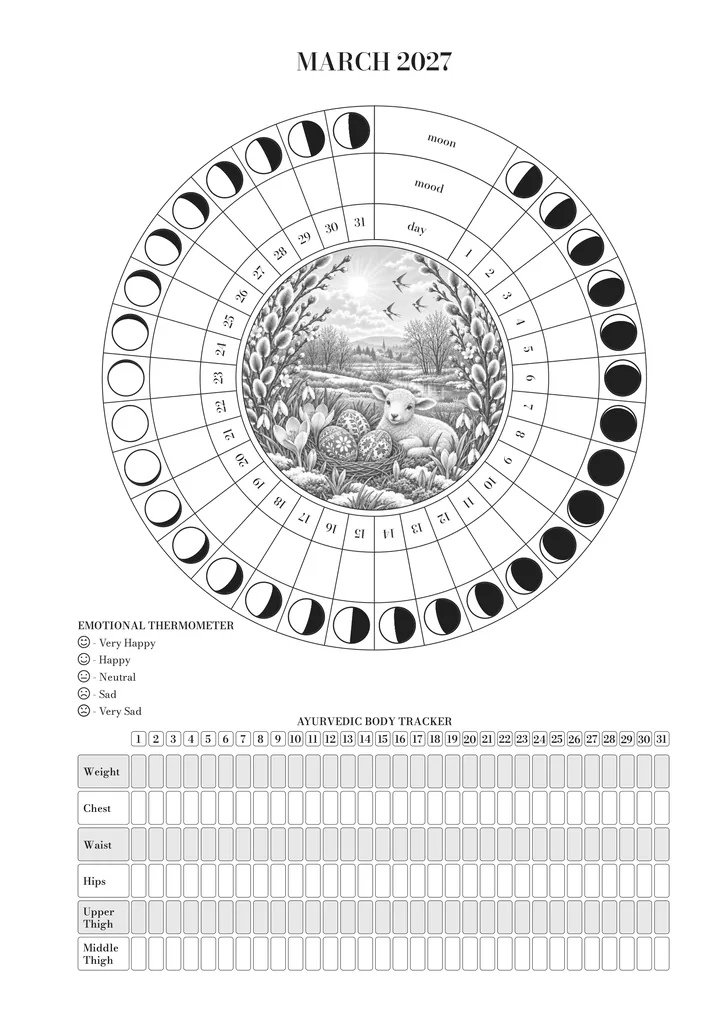 The page for March in the journal: the wheel of the month (moon, mood and day) around the illustration, the emotional thermometer and the Ayurvedic body tracker. March illustration: a lamb, eggs in a nest and blossoming branches in a spring landscape.