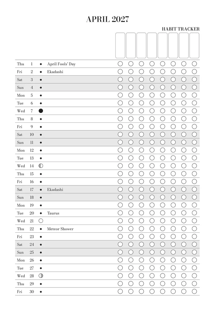 The habit tracker for April in the journal: every day of the month with its moon phase, key dates and boxes for your habits.