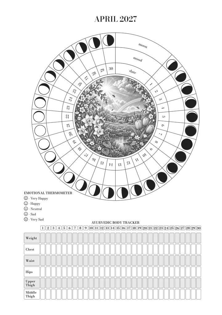 The page for April in the journal: the wheel of the month (moon, mood and day) around the illustration, the emotional thermometer and the Ayurvedic body tracker. April illustration: daffodils, tulips and flowers beside a river.