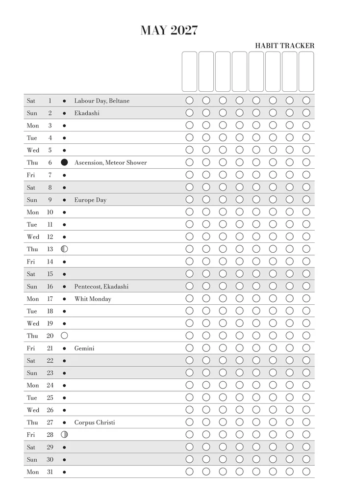 The habit tracker for May in the journal: every day of the month with its moon phase, key dates and boxes for your habits.
