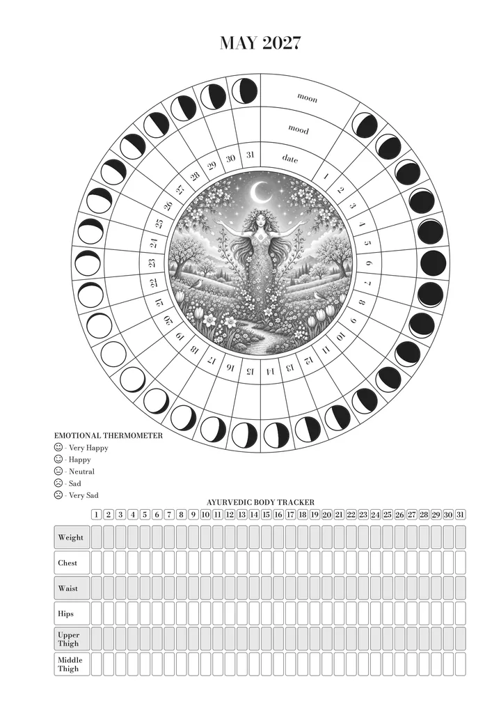 The page for May in the journal: the wheel of the month (moon, mood and day) around the illustration, the emotional thermometer and the Ayurvedic body tracker. May illustration: a female figure with open arms in a meadow in bloom beneath the moon.