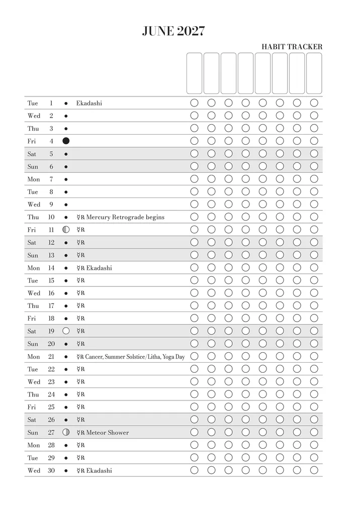 The habit tracker for June in the journal: every day of the month with its moon phase, key dates and boxes for your habits.
