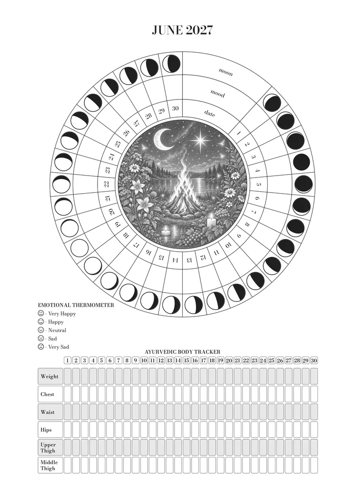 The page for June in the journal: the wheel of the month (moon, mood and day) around the illustration, the emotional thermometer and the Ayurvedic body tracker. June illustration: a bonfire beside a lake at night, with flowers and candles.