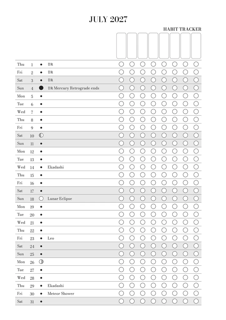 The habit tracker for July in the journal: every day of the month with its moon phase, key dates and boxes for your habits.
