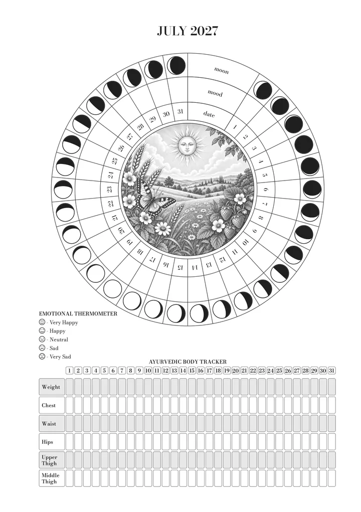 The page for July in the journal: the wheel of the month (moon, mood and day) around the illustration, the emotional thermometer and the Ayurvedic body tracker. July illustration: sunflowers, wheat and a swallow beneath a radiant sun.