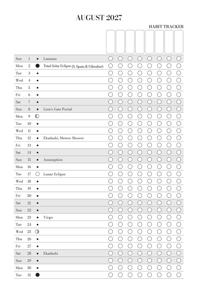 The habit tracker for August in the journal: every day of the month with its moon phase, key dates and boxes for your habits.