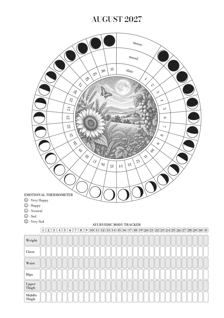 The page for August in the journal: the wheel of the month (moon, mood and day) around the illustration, the emotional thermometer and the Ayurvedic body tracker. August illustration: a sunflower, ears of wheat, grapes and a butterfly beneath the full moon.