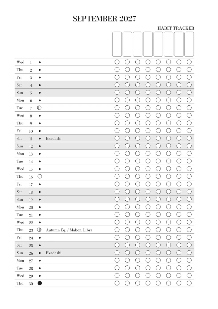 The habit tracker for September in the journal: every day of the month with its moon phase, key dates and boxes for your habits.