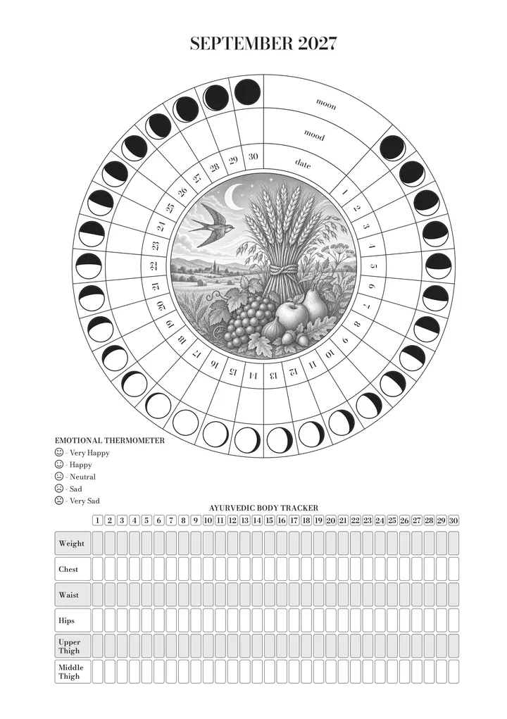 The page for September in the journal: the wheel of the month (moon, mood and day) around the illustration, the emotional thermometer and the Ayurvedic body tracker. September illustration: a sheaf of wheat, autumn fruit and a swallow.