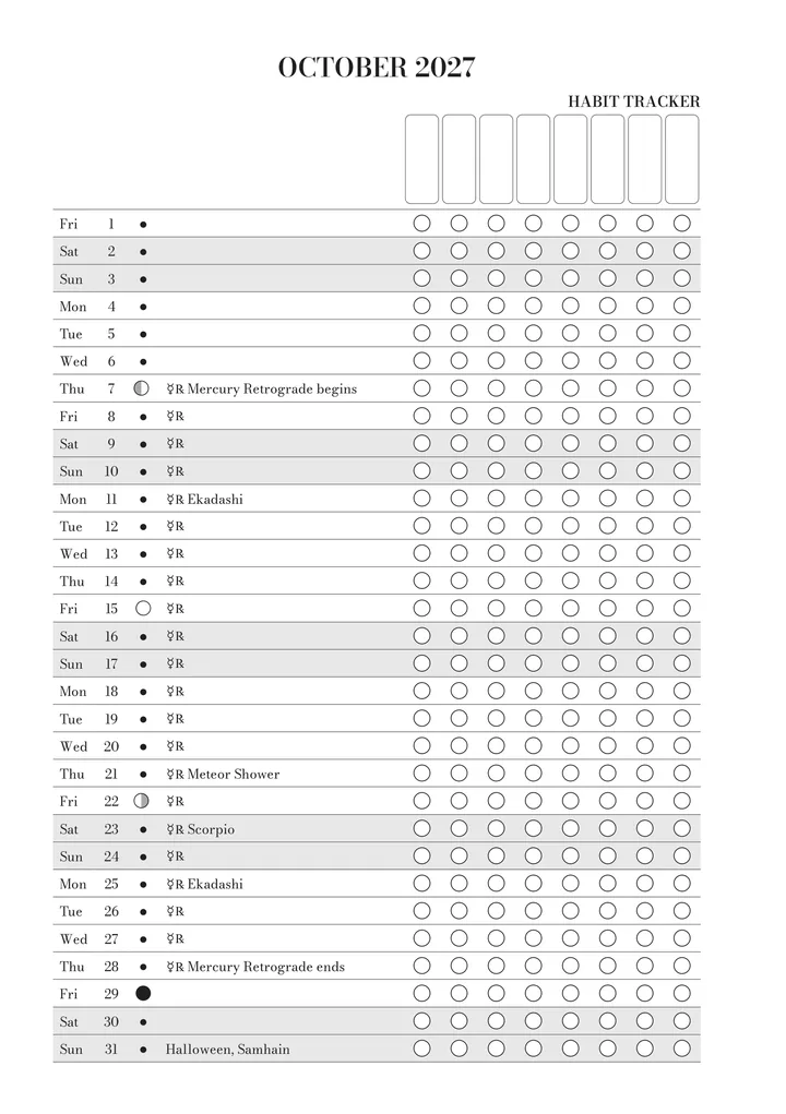 The habit tracker for October in the journal: every day of the month with its moon phase, key dates and boxes for your habits.