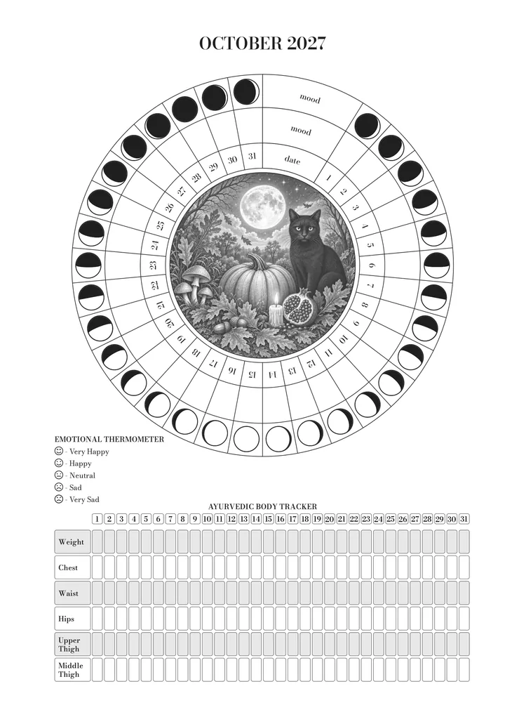 The page for October in the journal: the wheel of the month (moon, mood and day) around the illustration, the emotional thermometer and the Ayurvedic body tracker. October illustration: a black cat, a pumpkin, mushrooms and a pomegranate beneath the full moon.