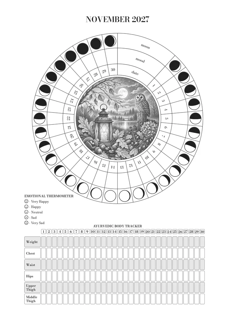 The page for November in the journal: the wheel of the month (moon, mood and day) around the illustration, the emotional thermometer and the Ayurvedic body tracker. November illustration: a lantern, fallen leaves and an owl beneath the moon.