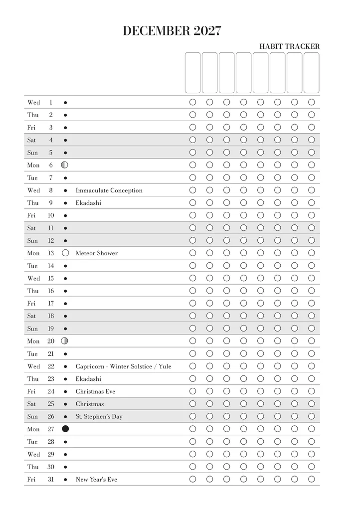 The habit tracker for December in the journal: every day of the month with its moon phase, key dates and boxes for your habits.