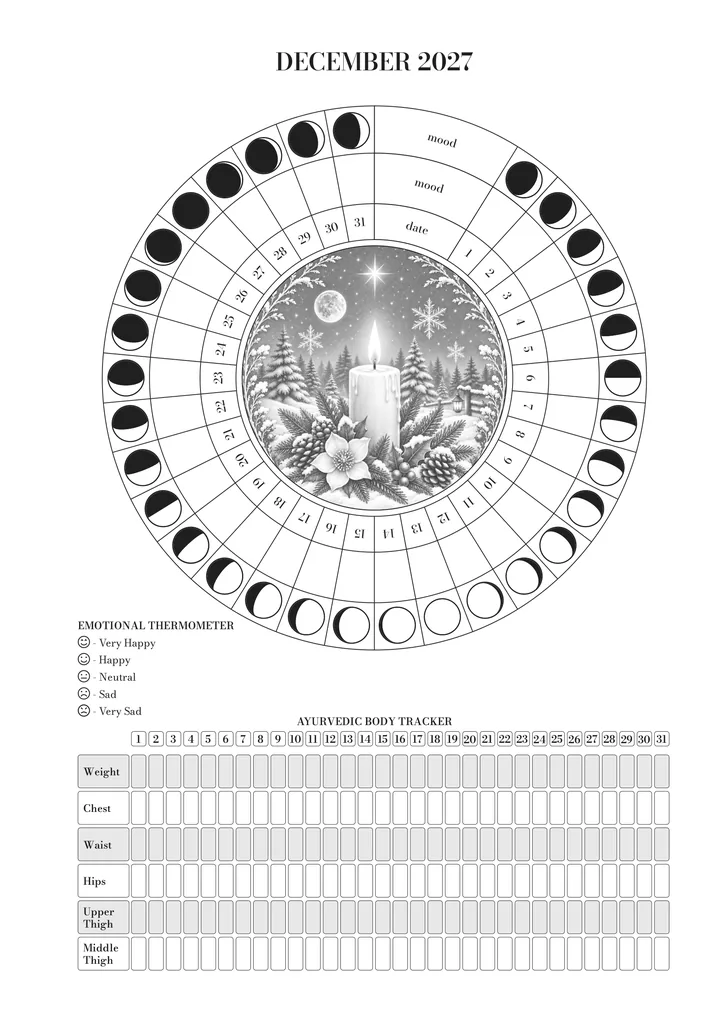 The page for December in the journal: the wheel of the month (moon, mood and day) around the illustration, the emotional thermometer and the Ayurvedic body tracker. December illustration: a lit candle among fir branches, pine cones and snowflakes.