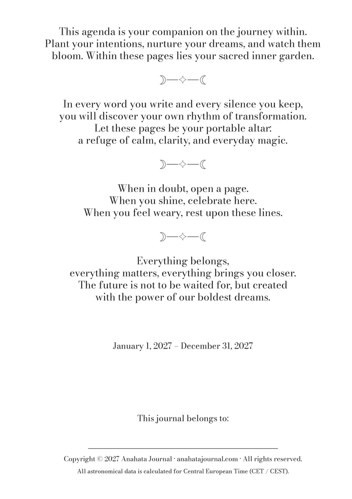 First page of Anahata Journal 2027: the journal’s words of welcome and the dates from 1 January to 31 December 2027.